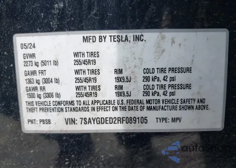 2024 Tesla Model Y Long Range Dual Motor All-Wheel Drive/Rwd из США, поврежденный, VIN 7SAYGDED2RF089105